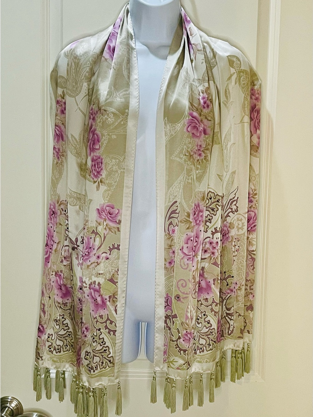 Vintage Silk Lavender & Cream Floral Scarf with Pearl Tassels 66x21